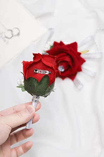 Faybox 2 חבילה חתונה חתונה מחורר ובוטונייר סט לכלה, שושבינה, גבר, חתן, פרחי רוז אדום אביזרי פרחי חתונה