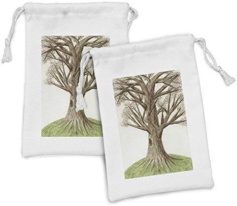 עץ אמבסון של חיית חיים כיס נתיב של 2, עץ ישן יחיד פסטורלי ביד עם ענפים הולכים וגדלים על הדפס הדשא, שקית