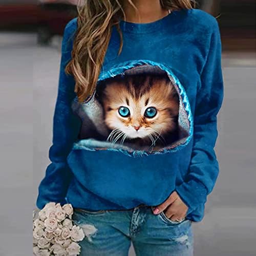 חמוד חתול מודפס נשים חולצות גבירותיי חולצות גרפי טיז ארוך שרוול צווארון עגול סווטשירט בסוודרים קומפי חולצות