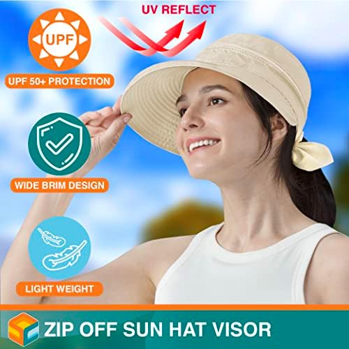 קוביית שמש נשים כובע שמש UPF 50+, רוכסן מגן כובע שמש, קוקו הגנה מפני סאן כובע גולף חוף חוף נסיעות