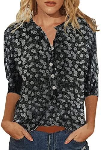 חולצת חולצת סתיו בקיץ לבגדי נשים 3/4 שרוול צווארון קרקע גרפי סרוגה חולצה 2C 2C
