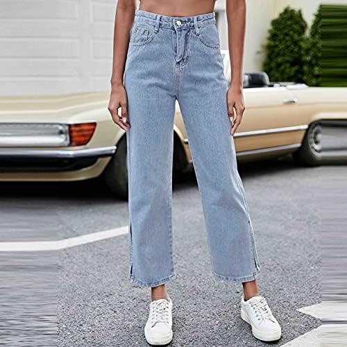 מתיחות ג'ינס לנשים רוכסן רופף זבוב ישר אורך גובה מלא אורך מצוקה מכנסי מכנסי מכנסיים כחול