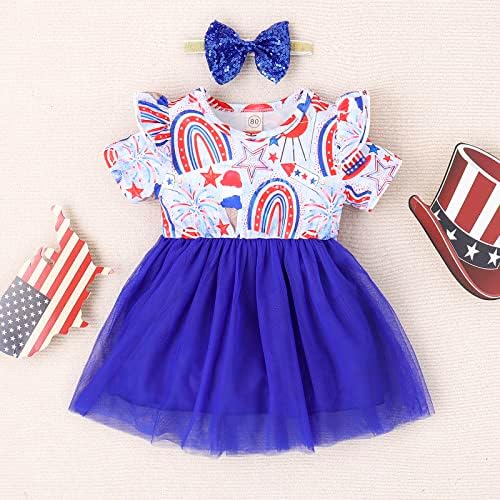 פעוטות תינוקות בנות 4 ביולי תלבושות פרועות שרוול טול שמלות דגל אמריקאי הדפס חצאיות טוטו בגדי קיץ