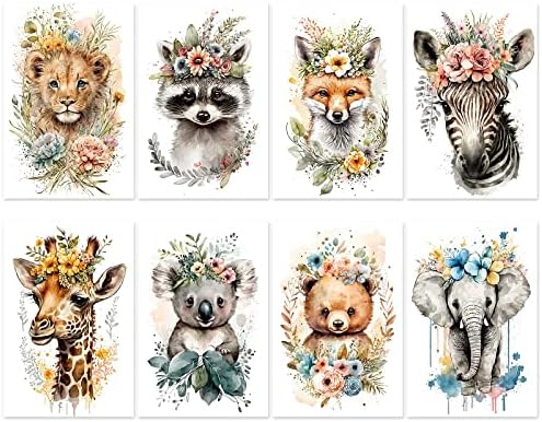 8 חתיכות וודלנד בעלי החיים משתלת קיר אמנות הדפסי חמוד וודלנד פרחוני כתר חיות ג ' ירפה זברה פיל תמונות