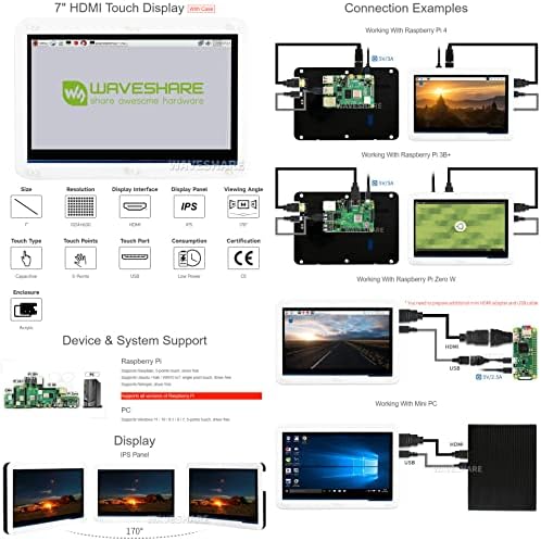תצוגת מסך מגע קיבולית של Waveshare 7 אינץ 'תומך במערכות שונות עבור כל ור. Raspberry Pi 4B/3B/3 B+/2 B/B+/B/A