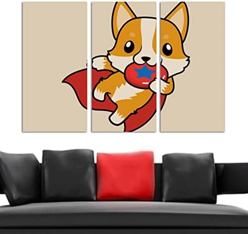 אמנות קיר לסלון, ציור שמן על בד גדול ממוסגר ומוסגר חמוד קורגי כלב סופר -כלב מנגן יצירות אמנות דיסק