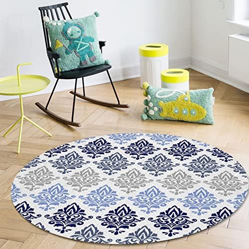 שטיח שטח עגול גדול לחדר שינה בסלון, שטיחים 3ft ללא החלקה לחדר ילדים, יוקרה בוהו נייבי פרחים כחולים