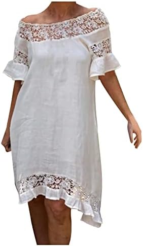 שמלות לנשים 2023 אלגנטי לבן שמלת תחרה כבוי כתף פעמון שרוול לפרוע מכפלת רופף חלול שמלה קיצית