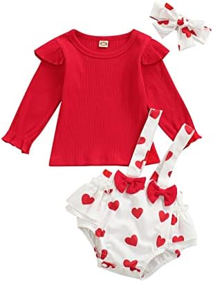 3 יחידות פעוט תינוקות תינוקות תינוקות חג האהבה תלבושת אדומה ראפלס צמרת הדפס לב הדפס מכנסיים קצרים חליפת סרט