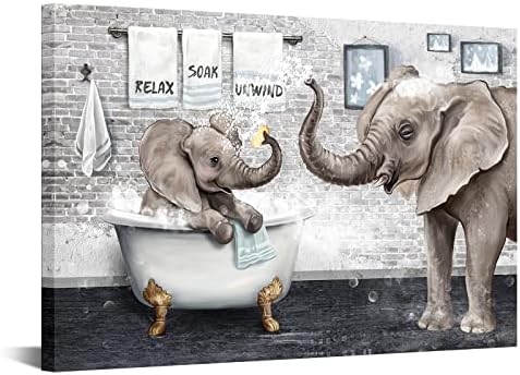 Artsbay Elephant אמבטיה קיר אמנות פיל אם וילד מנגן מים באמבטיה תמונות אמבטיה חיה מצחיקות הדפסים