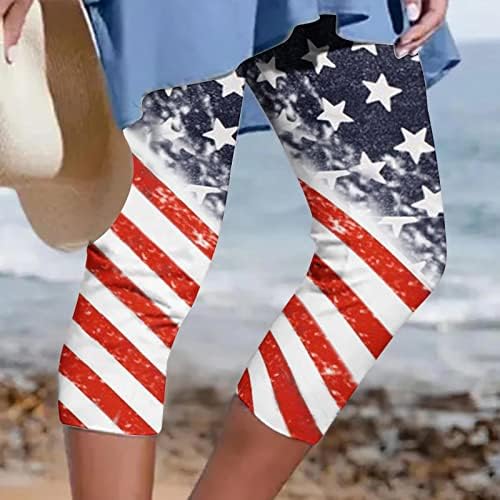 חותלות יוגה לנשים יום העצמאות כוכבים הדפסת פס יבול מכנסי טרנינג מותניים אלסטיים מכנסיים קצרים יוגה