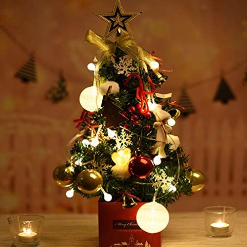 Kisangel Tabletop עץ חג המולד 50 סמ מיני עץ חג המולד LED עם כדורי חג מולד מלאך הולי פירות יער