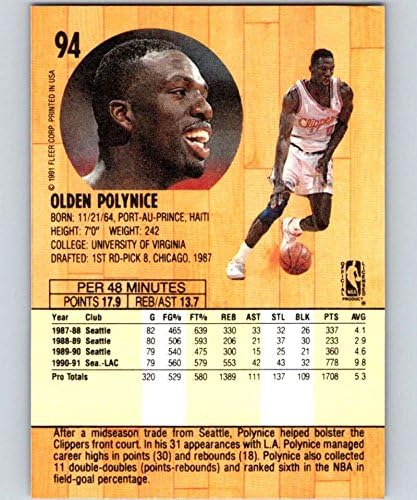 1991-92 פלייר סדרה 1 כדורסל 94 Olden Polynice Los Angeles Clippers רשמי מסחר ב- NBA