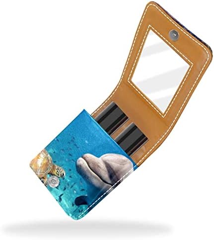 דולפין ים צב מתחת למים קטן שפתון מקרה עם מראה עבור ארנק, עמיד עור קוסמטי איפור מחזיק, נייד נסיעות קוסמטי