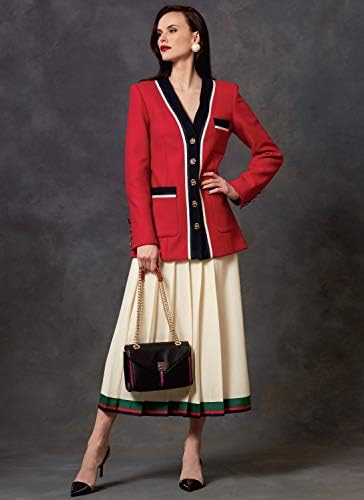 Vogue V1643A5 מעיל כפתור למחצה לנשים, שמלה מצוידת, ודפוסי תפירה חצאית קפלים, גדלים 6-14, לבן