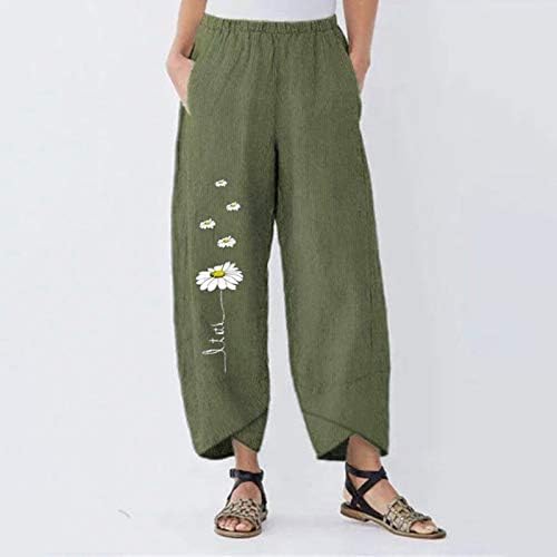 כותנה פשתן קאפרי מכנסיים נשים קיץ מקרית קאפרי מכנסיים עם כיסים גבוהה מותן קומפי חוף מכנסיים פרחוני