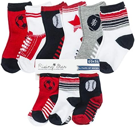 גרבי תינוקות ספורט של ילד - כדורי ספורט עיצובים - בייסבול כדורגל כדורגל אדום ולבן - 6-12 חודשים - 6 חבילה