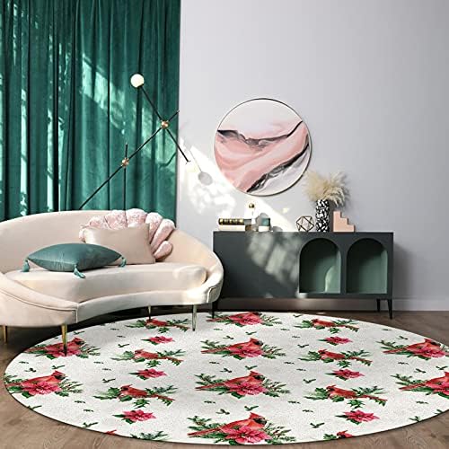 שטיח שטח עגול גדול לחדר שינה בסלון, שטיחים 3ft ללא החלקה לחדר ילדים, פרח חג המולד ציפור קרדינלס