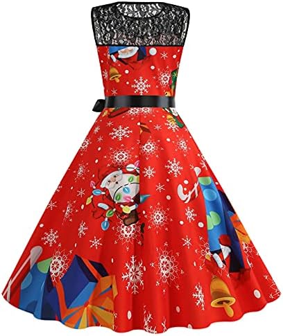 שמלות וינטג 'לחג המולד של נשים שמלת הדפס גרפי מצחיקה שמלת הדפס גרפית 50s תחרה ללא שרוולים רטרו קוקטייל שמלת