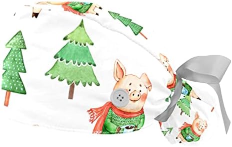 חג המולד של כלב סנטה כלב כובעי קרצוף לנשים שיער ארוך 2 חבילה כובע עבודה עם כפתור כפתור ורצועת זיעה יוניסקס