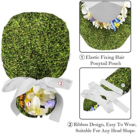 כובעים רפואיים לנשים עם כפתורים שיער ארוך, כובע עבודה מתכוונן 2 חלקים, פרפרים ופרחים על דשא ירוק