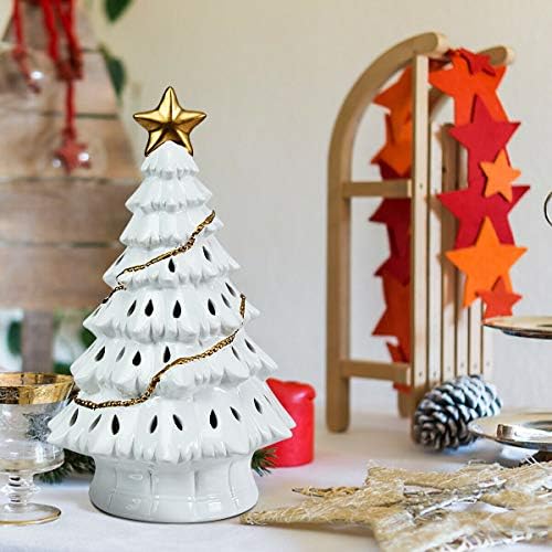 עיצוב חג מולד חגיגי, 11 אינץ 'קרמיקה קרמיקה חלול שולחן עץ חג מולד מלאכותי עם אורות סוללה המופעלת לשולחן