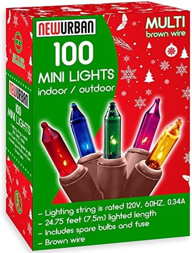 100 אורות מיני לחג המולד - 24.8 רגל / 7.5 מ ' - 120 וולט - חוט חום - נורות צבעוניות - 120 וולט - חיבור קצה