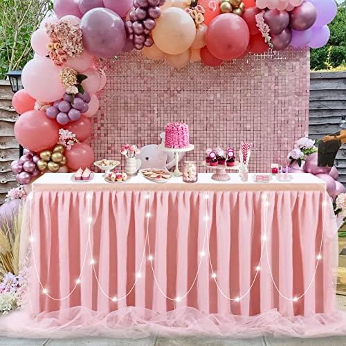 חצאית שולחן ורד מאובק 9 רגל טול חצאית שולחן חתונה עם בד שולחן לד לקישוטי שולחן קינוח עוגת מסיבת יום הולדת