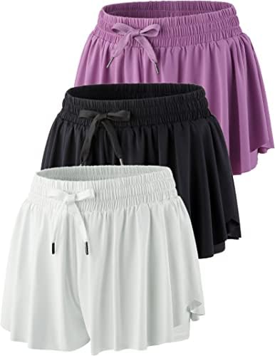 3 חבילות מכנסי ריצה זורמים של נשים, חצאיות פרפר 2 ב -1 עם מכנסיים קצרים מתחת לספנדקס סתלטית ספורטיבית אימון כושר