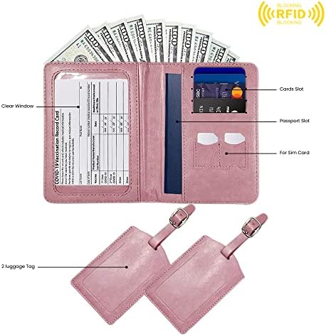 דרכון וחיסון כרטיס מחזיק קומבו עם 2 תגי מטען עור חסימת, מזומנים וכרטיס אשראי ארנק עבור גברים ונשים