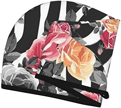 ורדים עם וואו פרחים פרח זברה פרחונית פסי זברה מודפסים מגבת ייבוש עם כפתור, מגבת שיער מיקרופייבר, כובע
