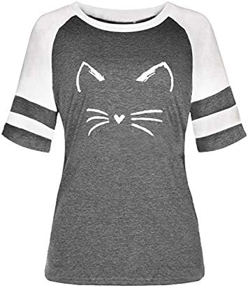 חולצת טריקו של שרוול ארוך של Futurino לנשים דפוס חתול צוואר עגול הדפסים רופפים