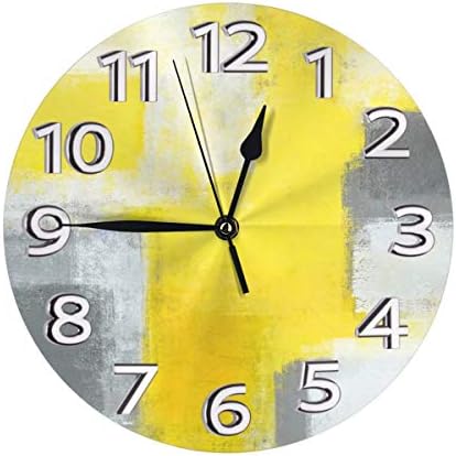 AMZBSR אפור וצהוב מופשט ציור אמנות שעון קיר לבן, שעון קיר קוורץ איכותי שאינו מכסה קוורץ - 10 אינץ 'עגול קל