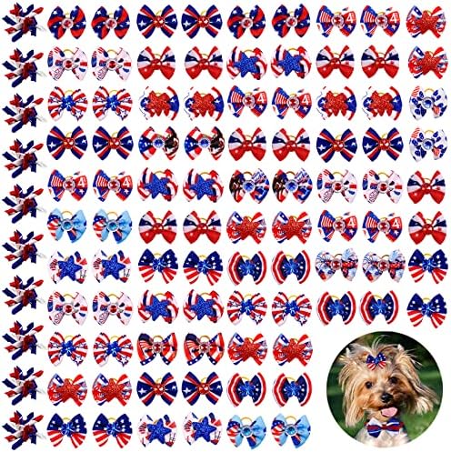 100 יחידות/50 זוגות עצמאות יום כלב קשתות, בתפזורת 4 ביולי כלב קשתות עם גומי להקות, חג אמריקאי דגל