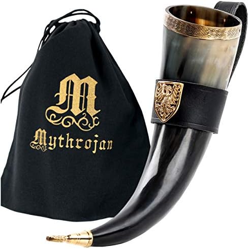 Mythrojan אלופת הטורניר - קרן שתייה של ויקינג עם מחזיק עור חום אותנטי מימי הביניים בהשראת יין/ספל מיד - גימור
