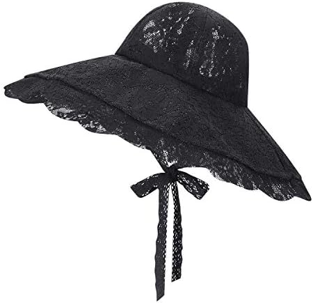 נשים כובע שמש רחב שוליים תחרה כובע קרם הגנה עם סרט כובע חוף מתקפל כובע שמש כובע שמלת וינטג 'אלגנטית