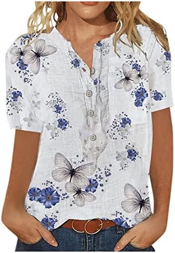 נשים של קיץ למעלה חולצה מתגנדר סיבתי פשתן הנלי חולצות פרחוני מודפס טוניקות חמוד חולצה 2023