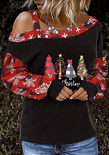 סווטשירט לחג המולד של חג שמח לנשים טיפת כתף שרוול ארוך עץ חג המולד סולבר חולצה קלה