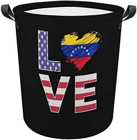 ארהב ונצואלה דגל לב כביסה סל עם ידיות עגול מתקפל כביסת אחסון סל לחדר שינה אמבטיה