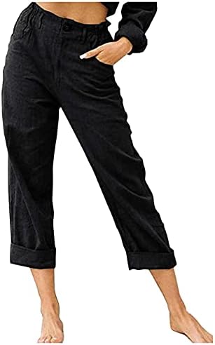 מכנסי פשתן כותנה לנשים ברגל רחבה ישר מכנסי חוף קפרי מזדמנים אימון קיץ מכנסיים קצוצים עם כיסים