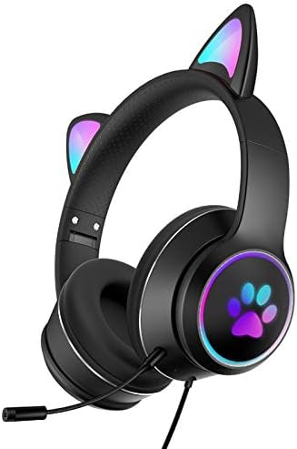 אוזניות אוזניות משחקי Honutige Cat אוזניות עם אור RGB LED מיקרופון סטריאו סטריאו זוהר אוזניות