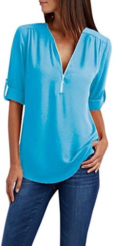 בתוספת גודל נשים קיץ חולצות קפלים חצי רוכסן כפתור ארוך שרוולים רופף מזדמן שיפון טוניקת חולצה
