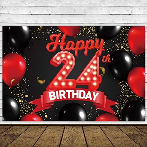 שמח 24 יום הולדת אדום ושחור באנר רקע קישוטי בלוני נושא דקור עבור בנות נשים נסיכת 24 שנים יום