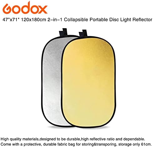 Godox 47 ”x71” 120x180 סמ 2 ב -1 ב -1 מתקפל דיסק דיסק משקף עם תיק לסטודיו וצילום-זהב, כסף