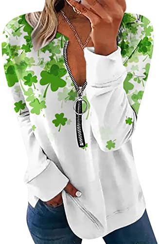אפרופיי נשים סנט פטריק יום חצי רוכסן סווטשירט סווטשירט חולצות שרוול ארוך חולצות אירלנד שמרוק