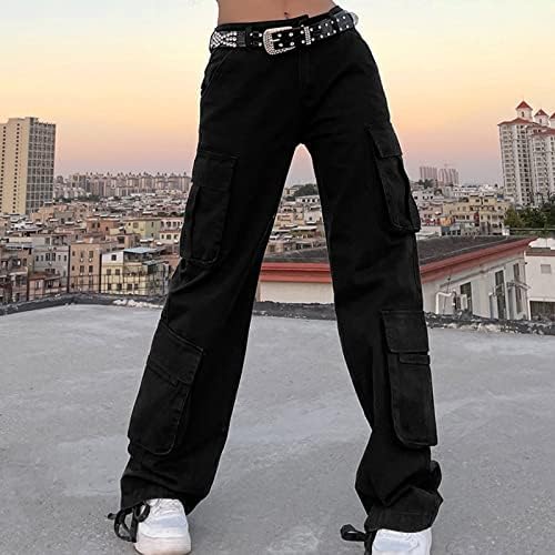 מכנסי מטען לנשים ג 'וגרס מכנסי מטען שחורים בגזרה גבוהה לנשים עם כיסים מכנסי רחוב וינטג' רחבים מוצקים