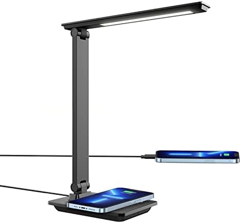 מנורת שולחן LED עם מטען אלחוטי ויציאת טעינה USB, מנורת שולחן לעמעום כוללת 4 רמות אור, 4 טמפרטורות צבע,