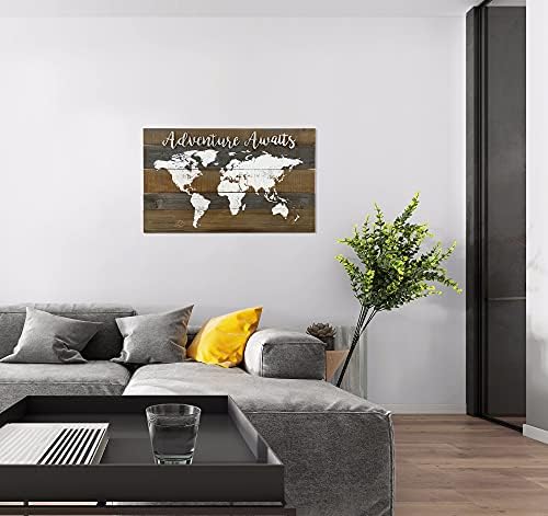 Parisloft עץ כפרי מפת עולם מפת עיצוב הרפתקאות מחכה, עיצוב שלט קיר מפת עולם דקוטי, 28x 16.75 אינץ '