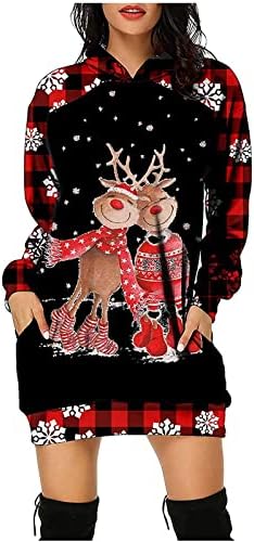 חג המולד הסווטשרט שמלה לנשים איילים הדפסת רופף צווארון עגול סווטשירט סלעית סוודר משובץ שמלה עם כיסים