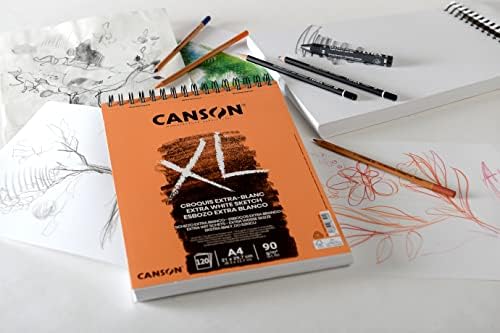 Canson XL סקיצה לבנה נוספת 90 A4 נייר, תבואה עדינה, כרית ספירלה צד קצרה, 120 גיליונות, אידיאלי לאמנים